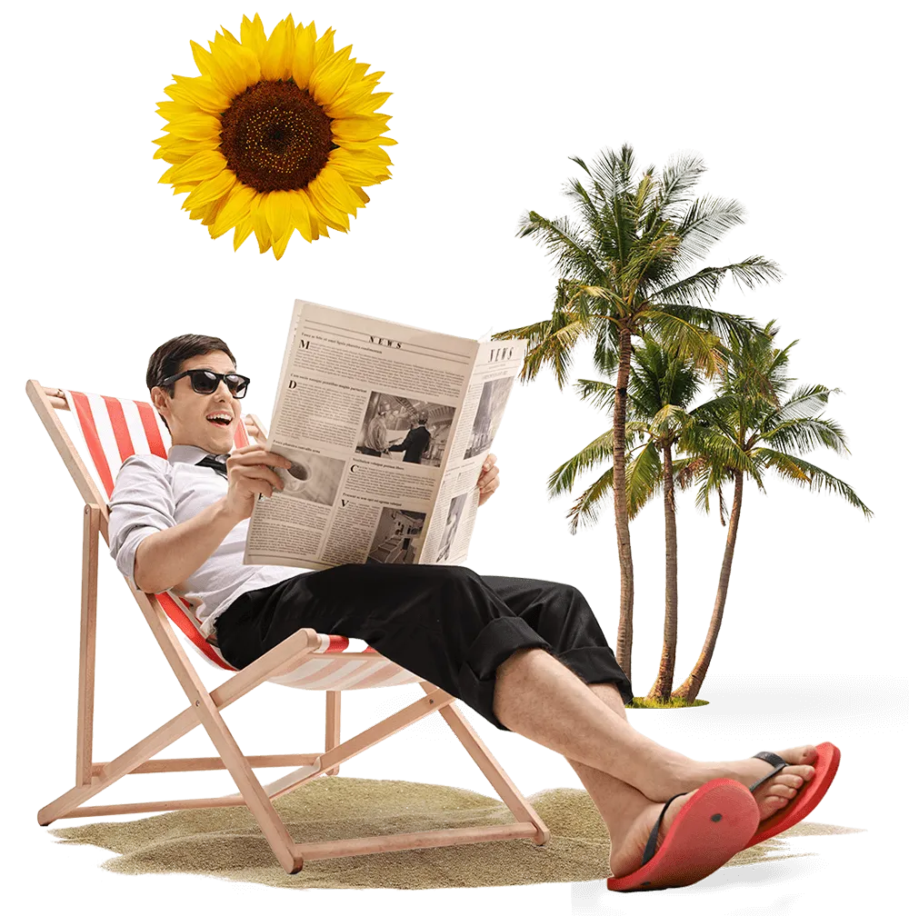 Deck chair on a beach, with a palm tree in the backdrop